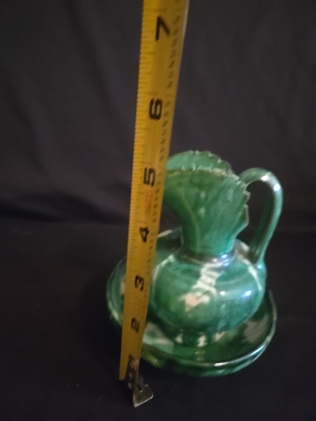 Vintage floral ceramic pitcher creamer and saucer, Green & White