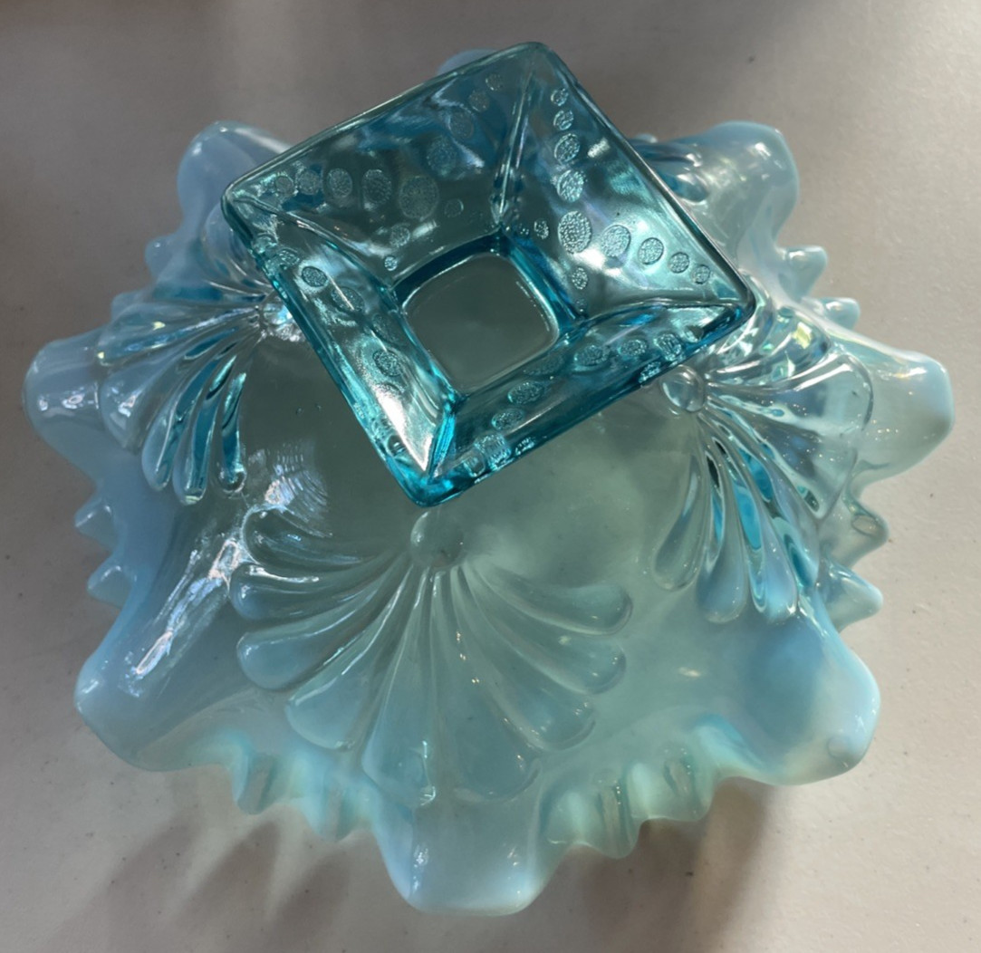 Antique JEFFERSON GLASS Shell & Dot Blue Opalescent Glass Footed Bowl c. 1905