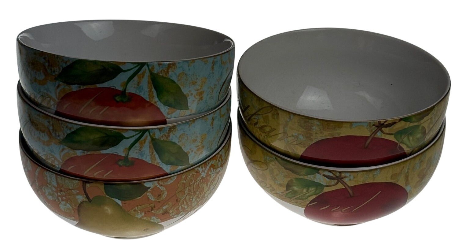 222 Fifth Fruit Renaissance Fine China Cereal Bowls Set 7 Peach Apple Pear Plum