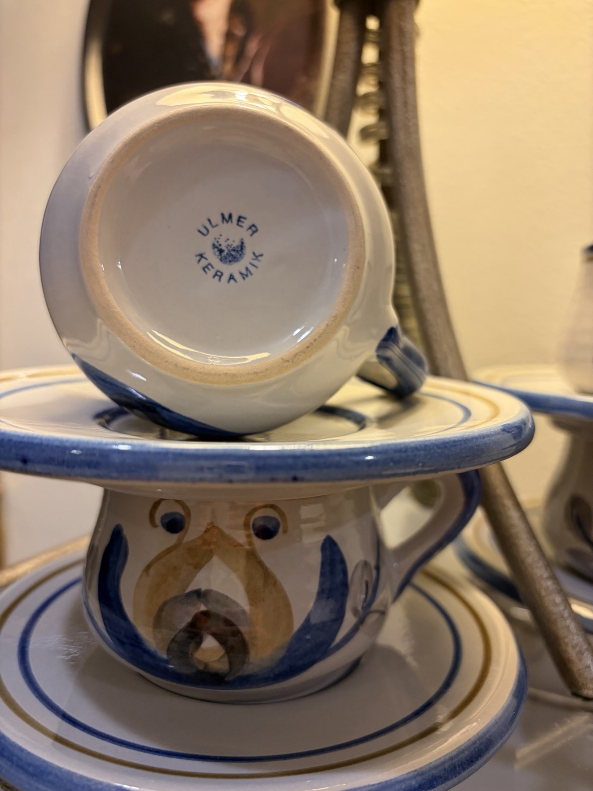 Set of 4 Ulmer Keramik Vintage Stoneware Cup & Saucers Germany Blue Gray Tan