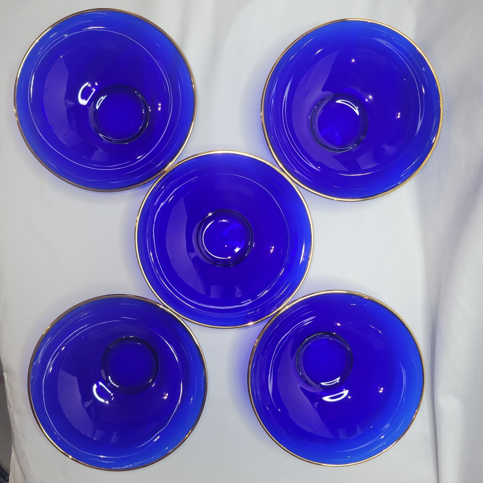 Medici Cobalt Blue mouth Blown Bowls Gold Rim 5.5″ 24k gold rim Lot of 5