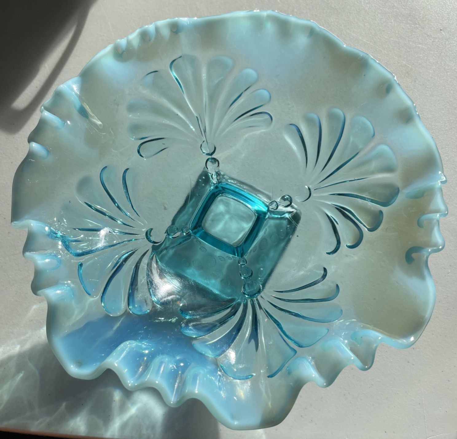 Antique JEFFERSON GLASS Shell & Dot Blue Opalescent Glass Footed Bowl c. 1905