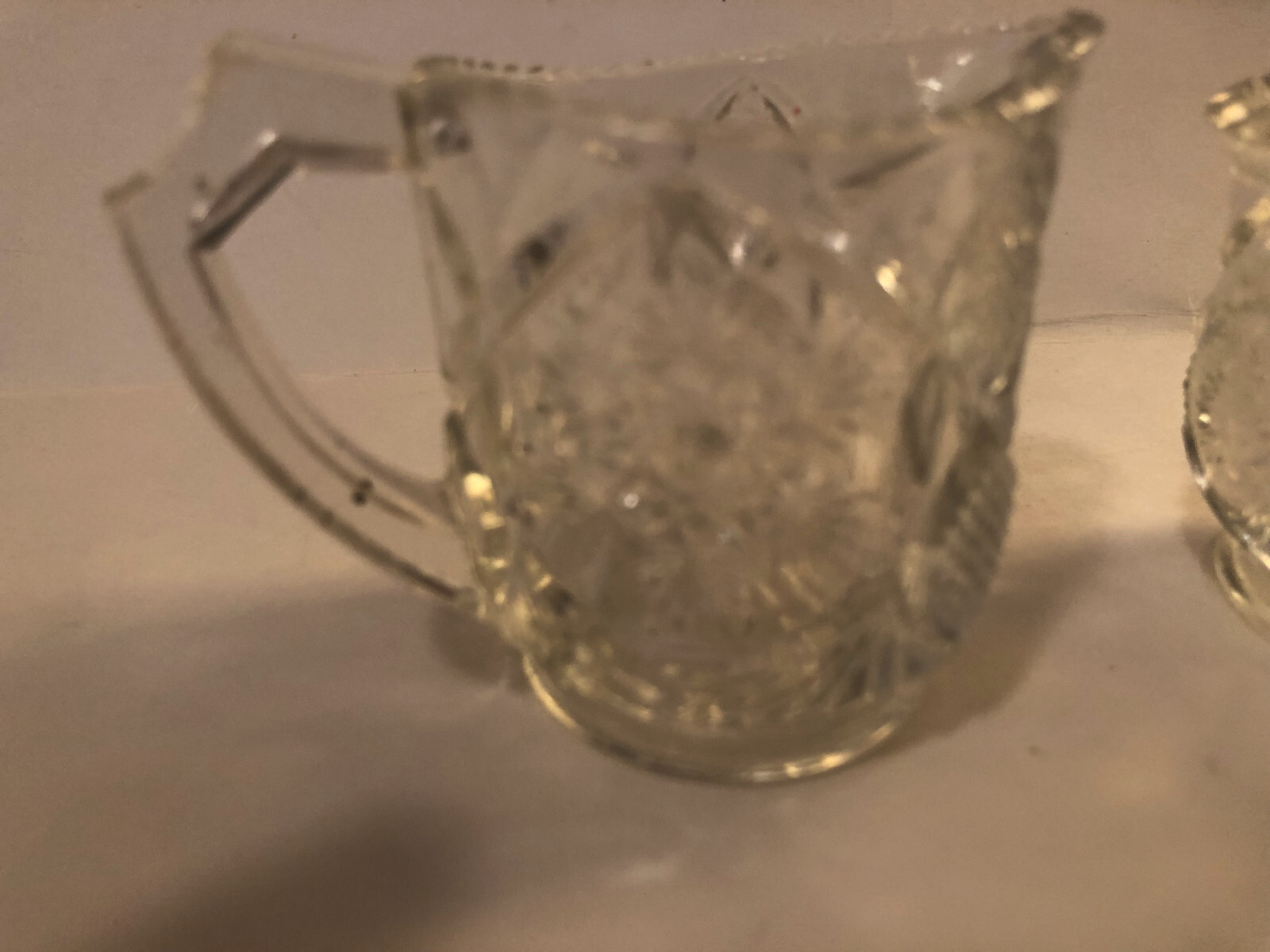 ANTIQUE GLASS CHILDREN’S TOY CREAMER AND HANDLED SUGAR BOWL- SNOWFLAKE DESIGN