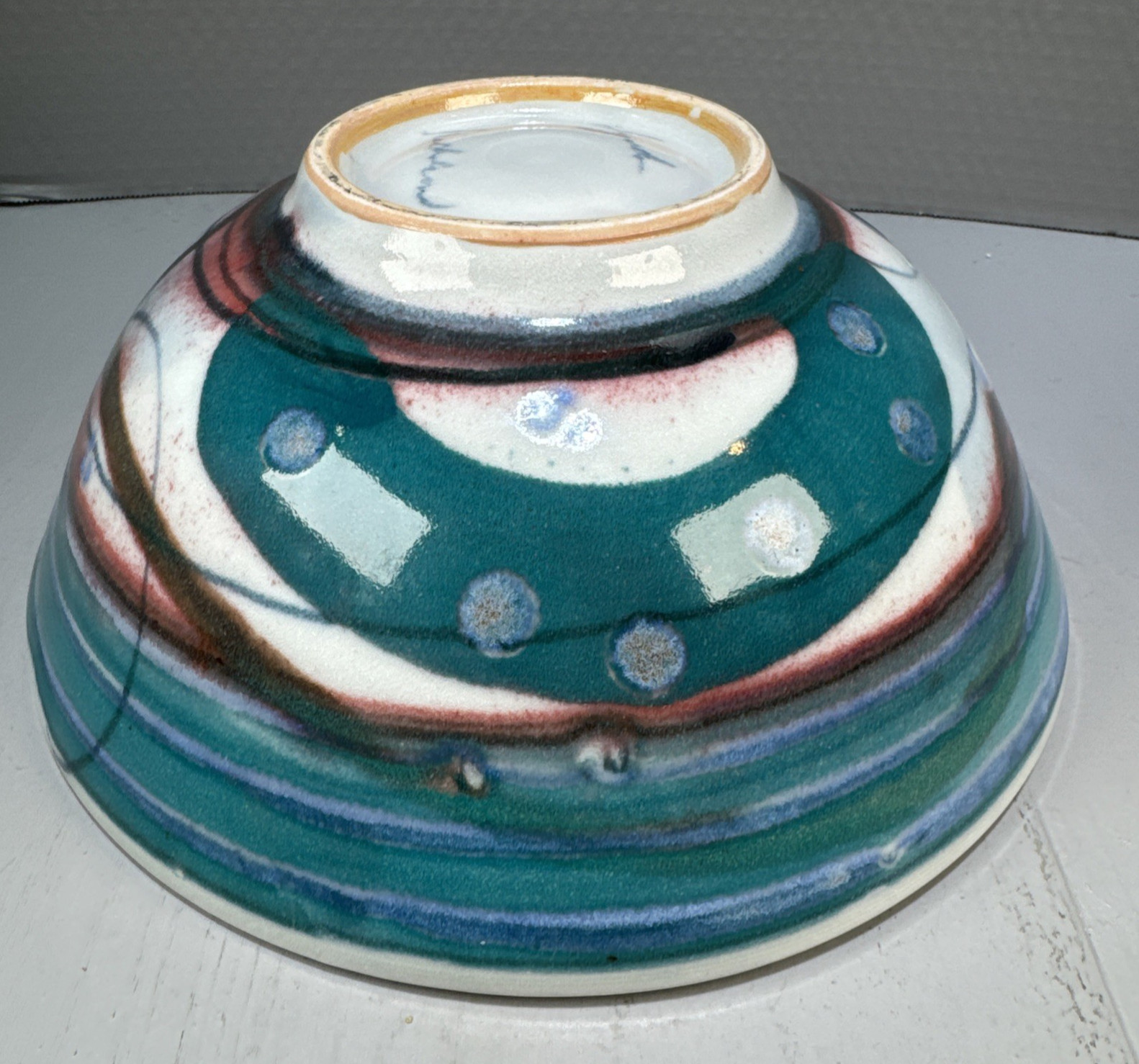 Studio Art Pottery Abstract Design Colorful Blue Green Red Artisan Signed 10″