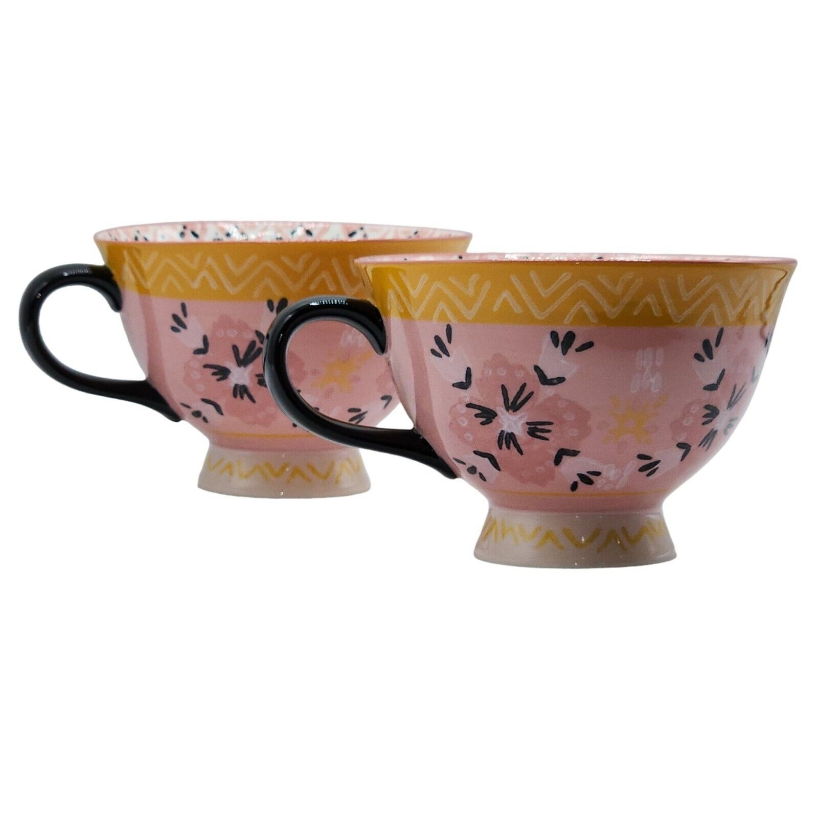 Bloom Pottery Set of 2 Pedestal Ceramic Tea Cups Coffee Mug Hand-Painted Floral