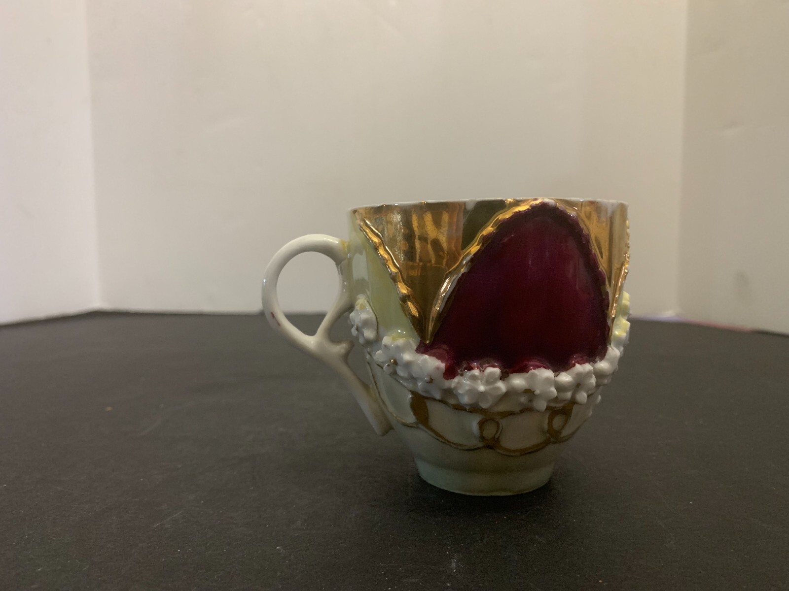 Antique Victorian Aesthetic Period Ornate Flower Garland Relief Lusterware Cup