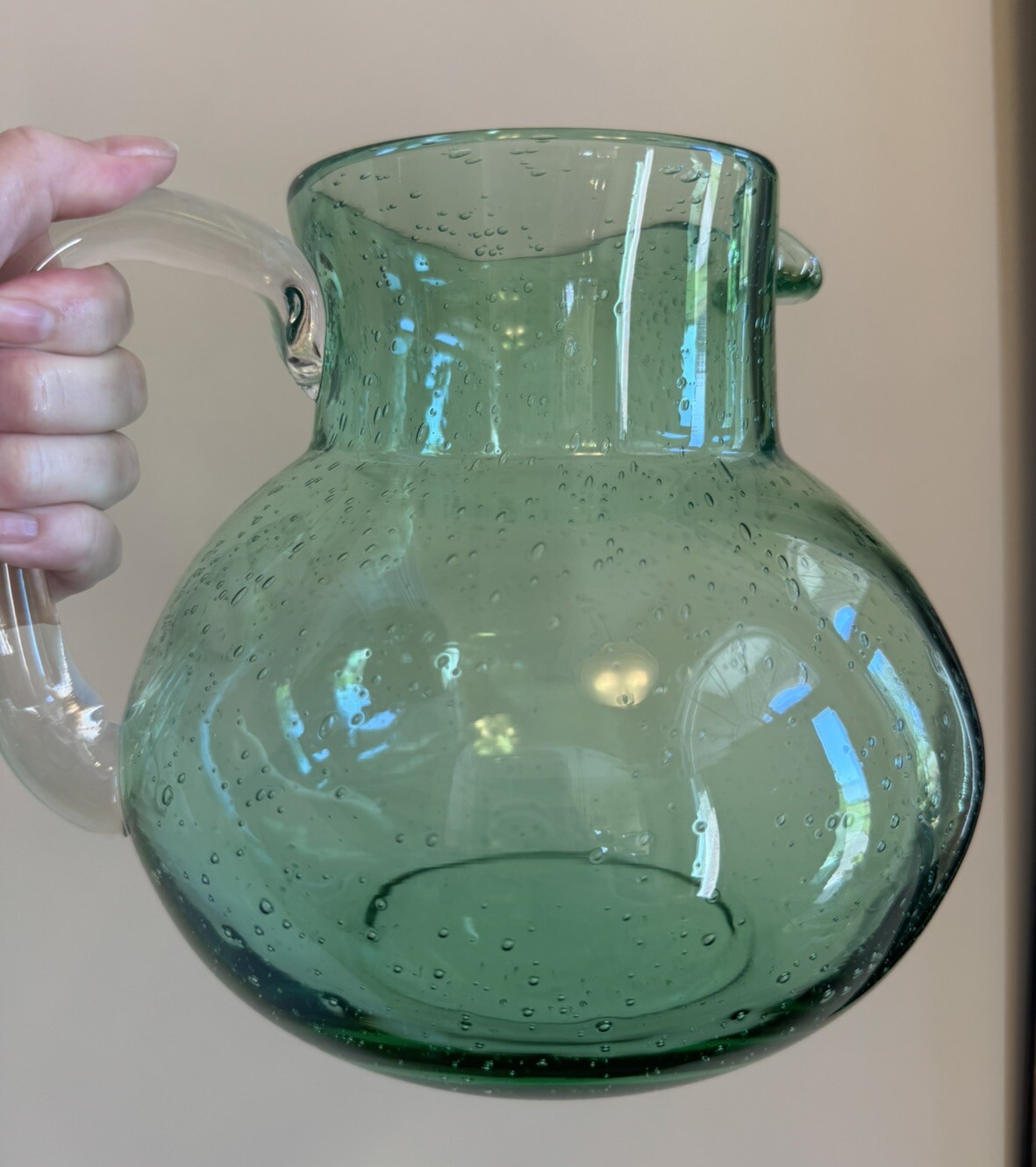 END 7/23 Large Hand Blown Green Bubble Glass Pitcher Heavy Applied Handle Seeded