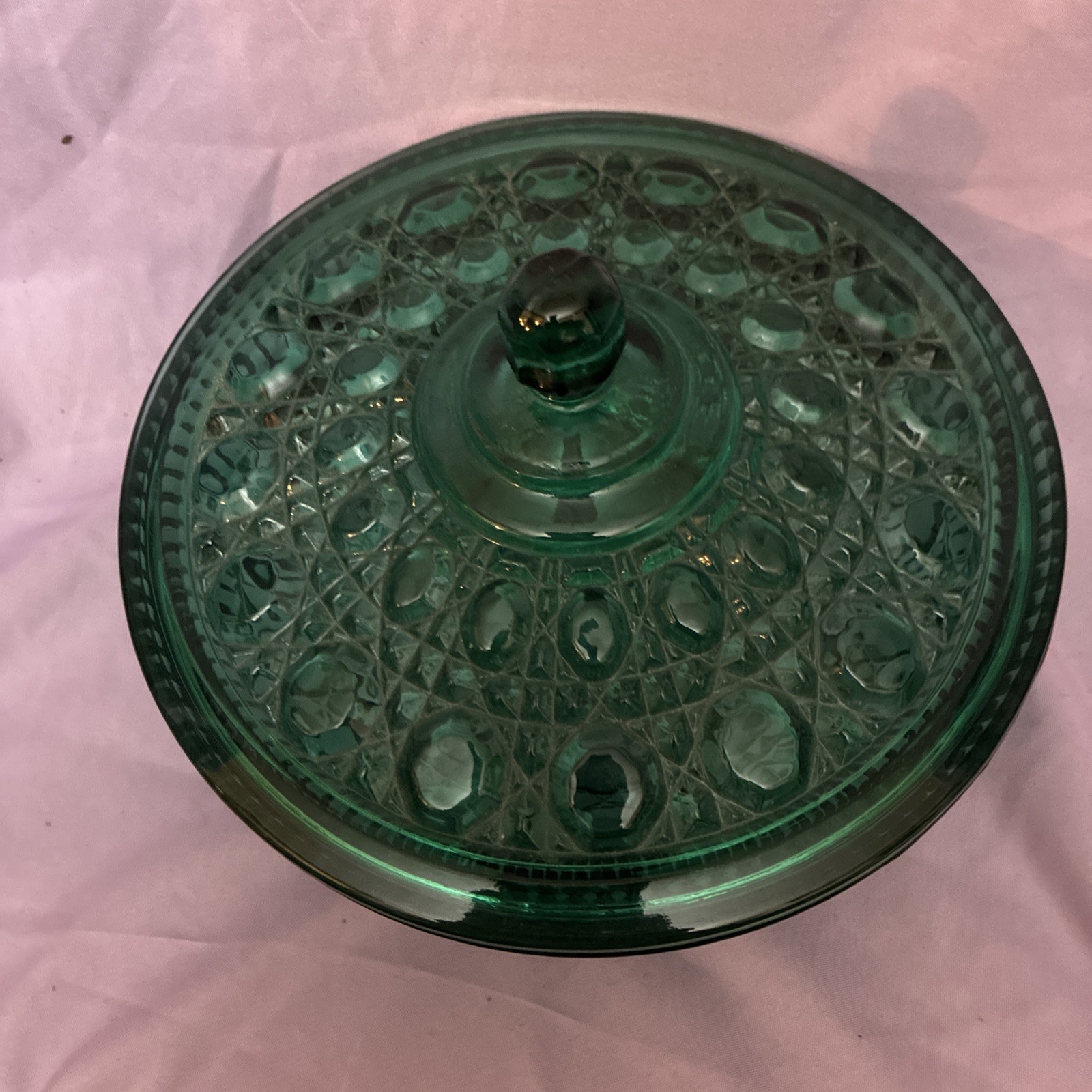 Indiana Glass Windsor Button Cane Emerald Green Covered Candy Dish Vintage