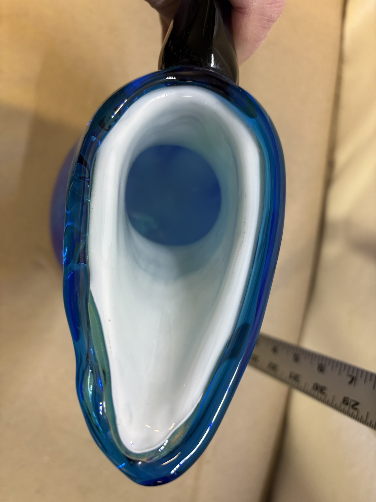 Hand Blown Murano 3 Sided Cased Cobalt Blue to Yellow Glass Pitcher