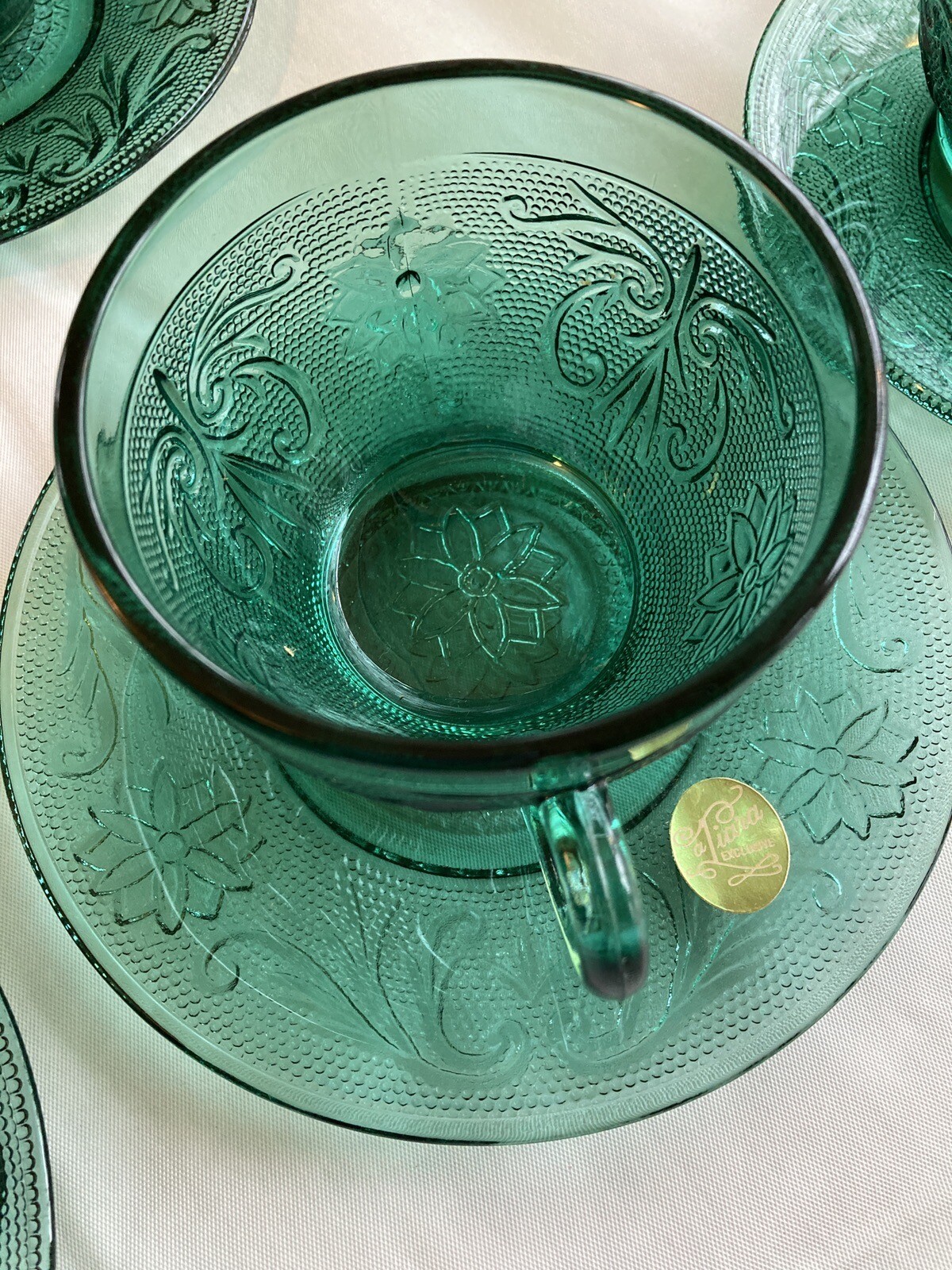 Tiara Indiana Glass Sandwich Pattern Cup & Saucer Spruce Green Set Of 4