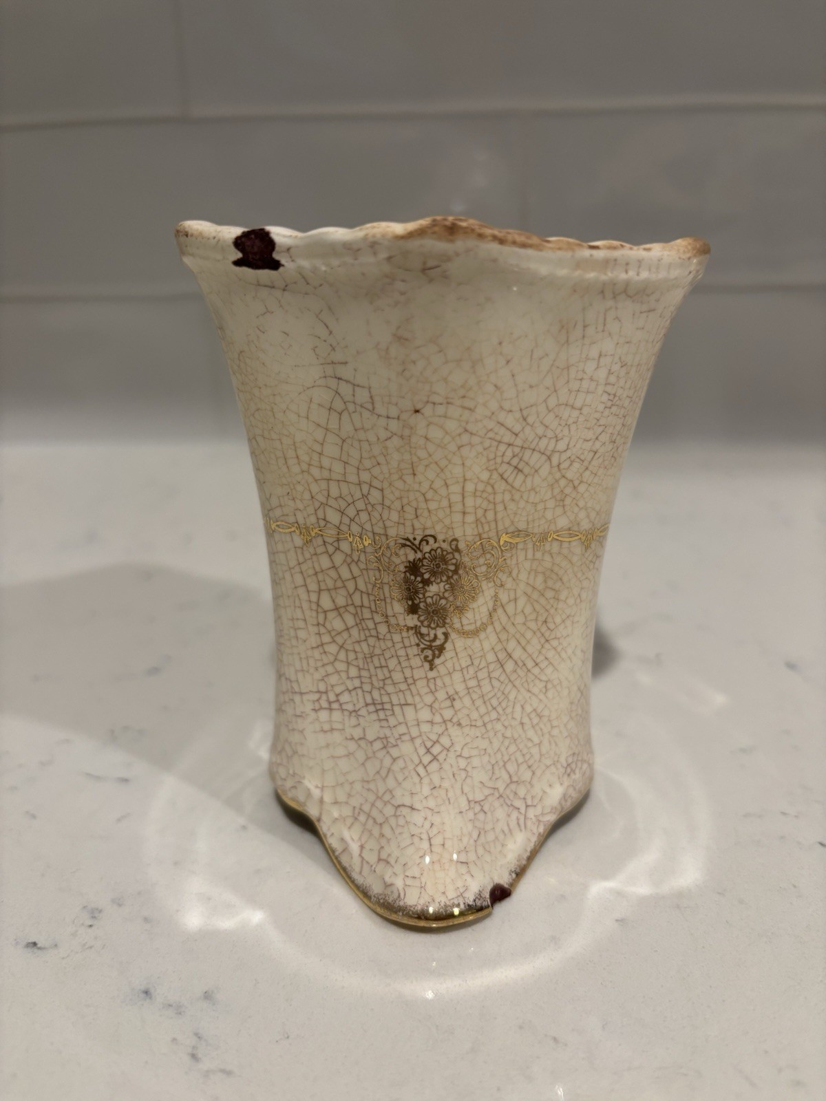 Antique White Ironstone Style Creamer Pitcher Stained Crazed Gold Transferware