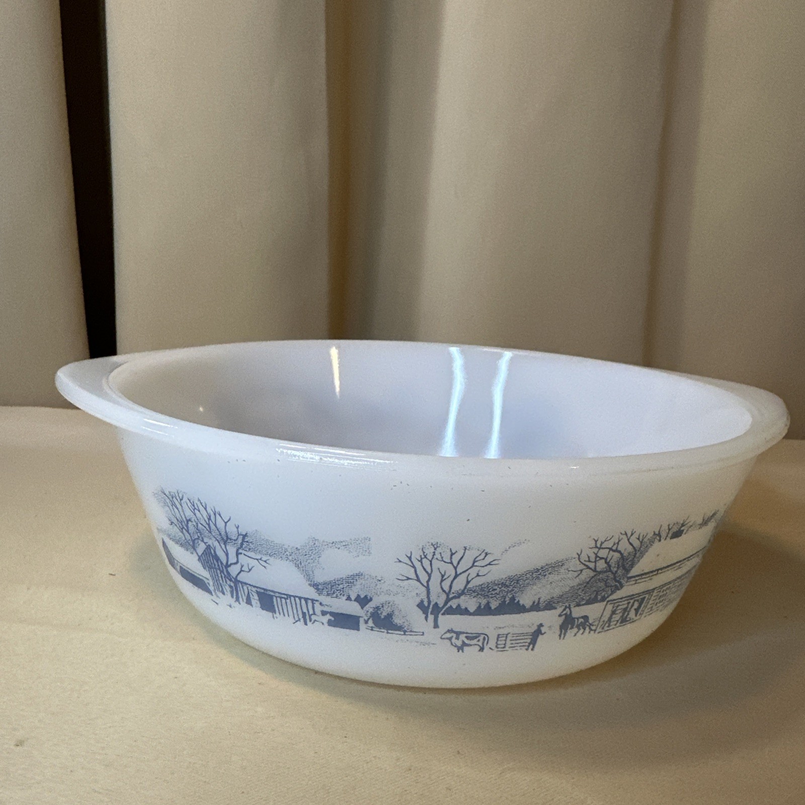 Vintage Glasbake Currier & Ives 2 Qt Casserole Dish Farm Scene Blue White