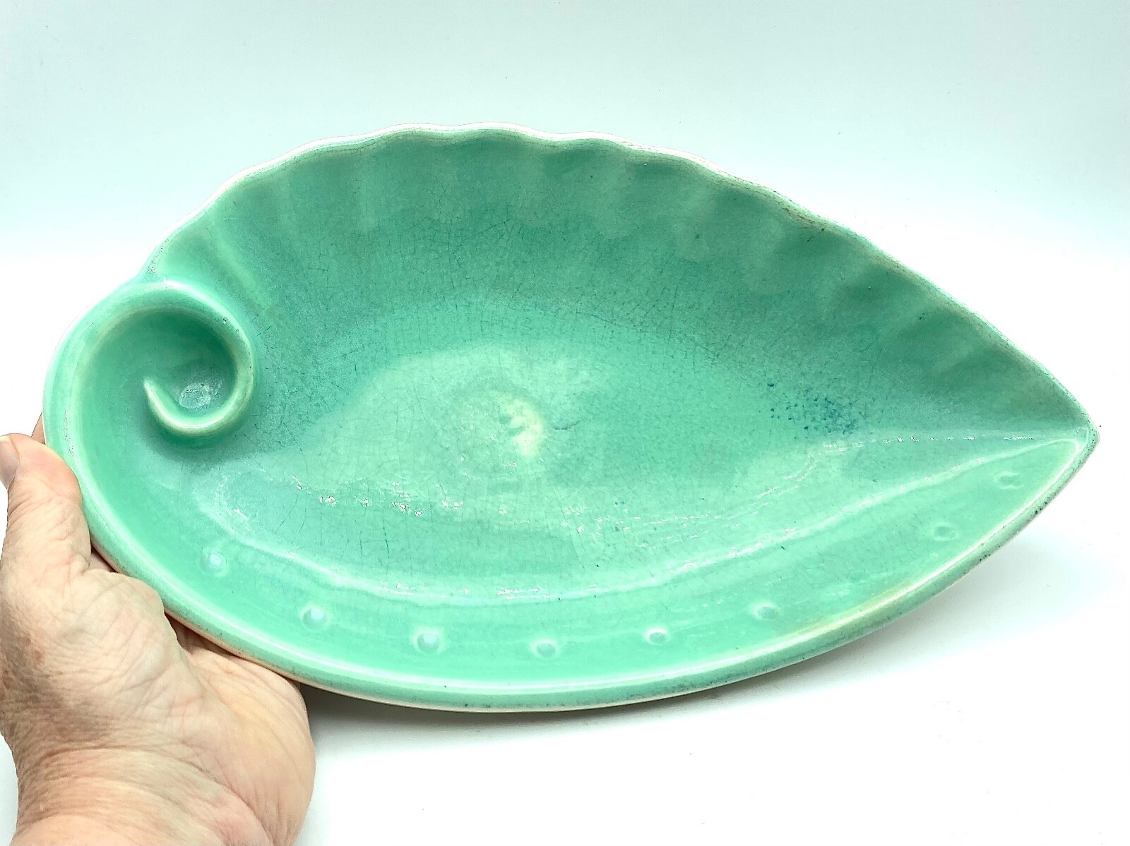 Red Wing Pottery Bowl Green w Cream Base Shell Shape 1950s Vintage 12″ long