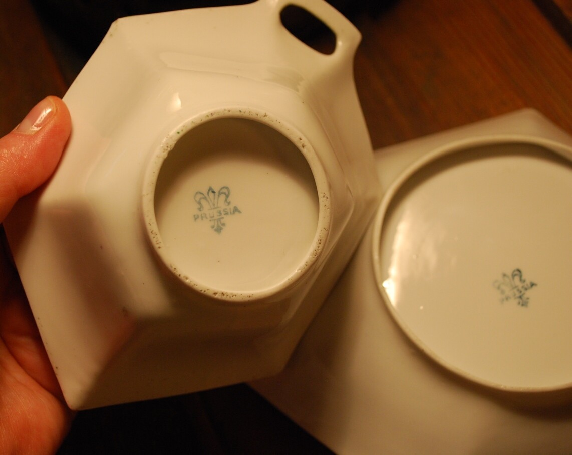 Set 2 HAND PAINTED VIOLETS Antique Prussia Hexagonal Porcelain CANDY Dishes
