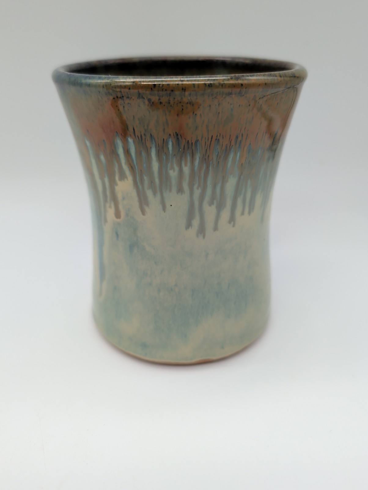 Studio Pottery Hand Thrown Stoneware Hourglass Mug Green Copper Drip Glaze