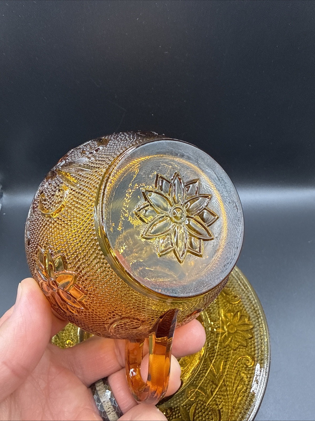 VTG Indiana Glass AMBER Tiara Sandwich Pattern Cup & Saucer Set Excellent