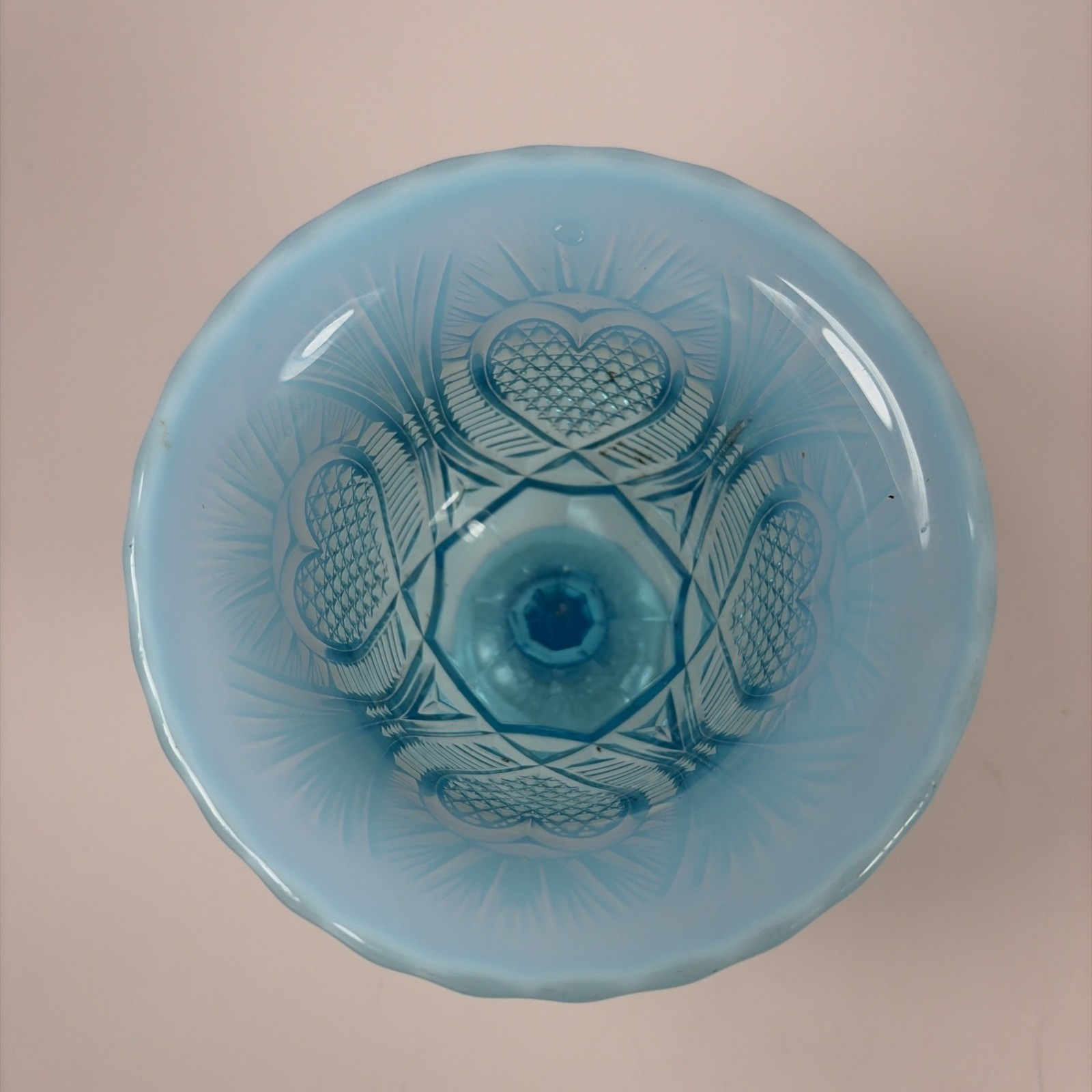 Dominion “Rayed Heart” 5″ Blue Opalescent Pedestal Dish-RARE