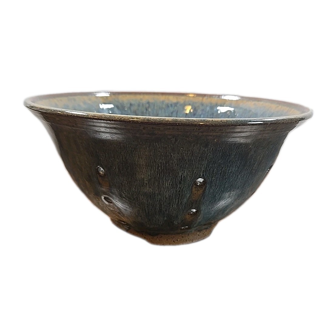 Glazed Pottery Vegetable Strainer Bowl Blue Beige Colander Heavy Kitchenware