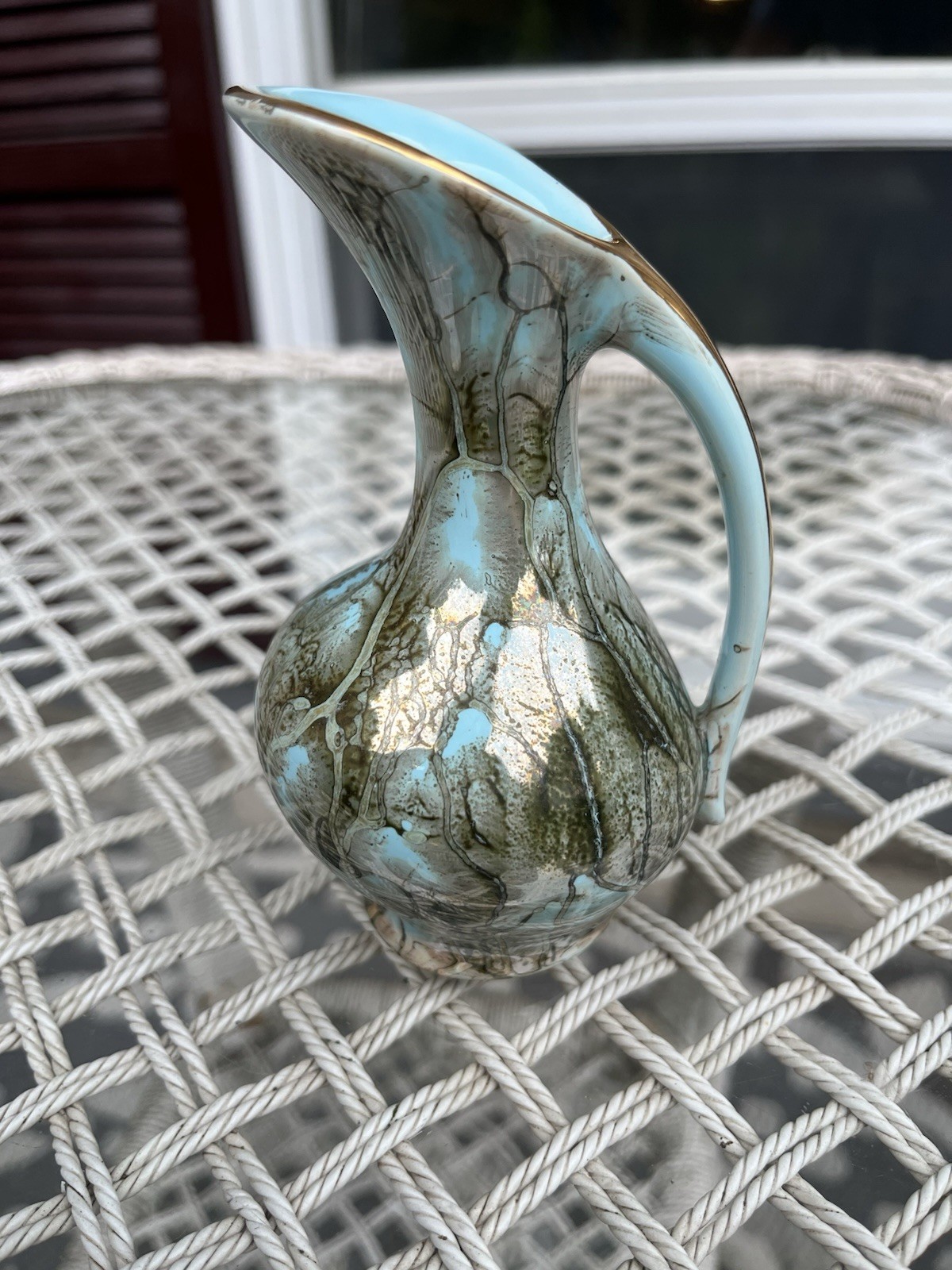 Vtg Delft Hand Painted Small Ceramic Pitcher Blue And Gold Tone Swirled 5 In