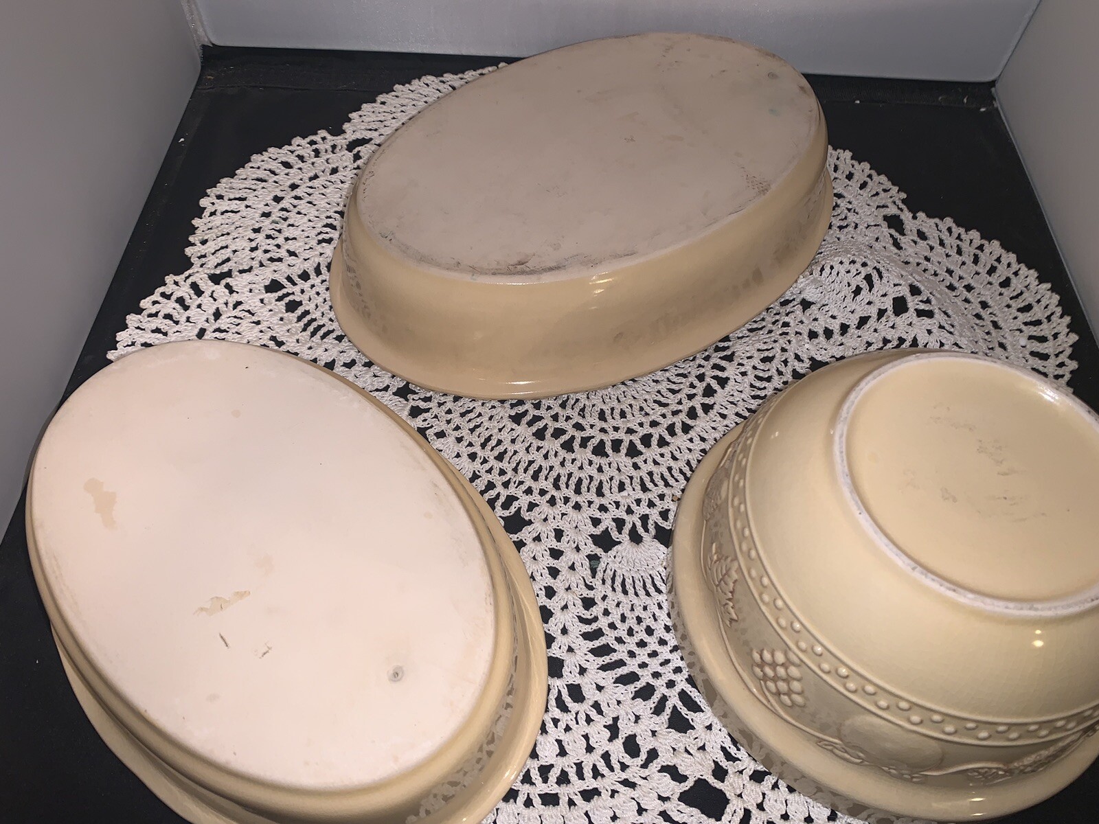 Vintage Leaf And Fruit Stoneware Casserole Bowls And Serving Bowl