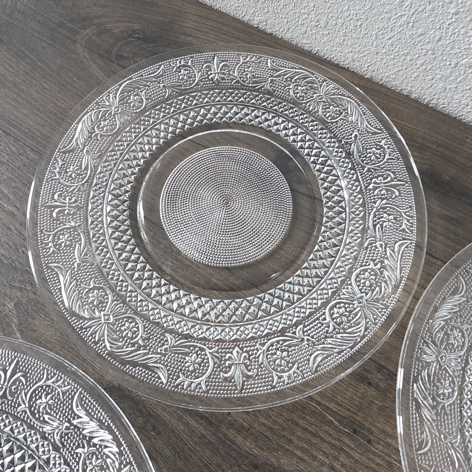 KIG Malaysia Pressed Glass Plates Set 4 Fleur De Lis Clear Vintage