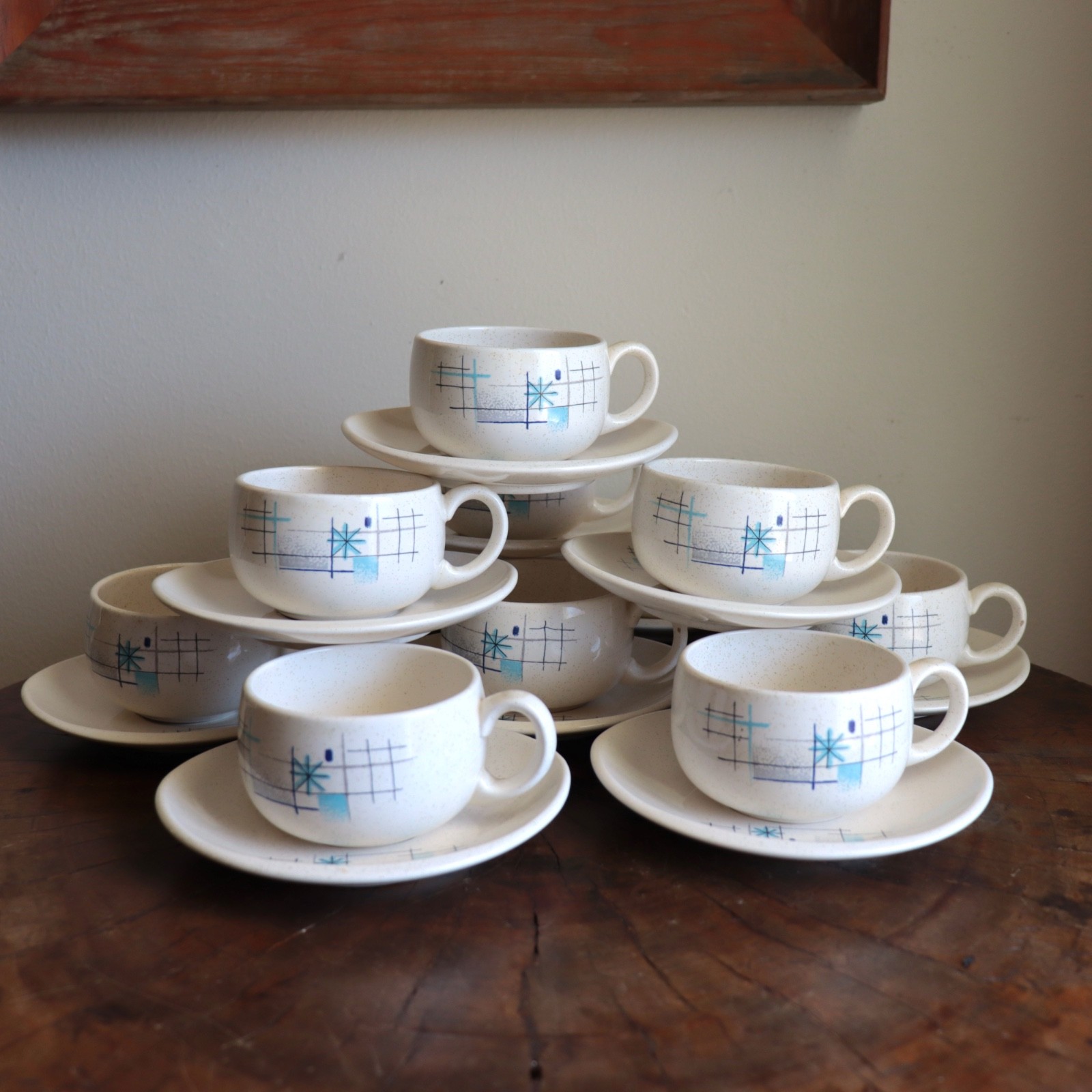 Franciscan Oasis Cup & Saucer 11 Sets Mid-Century Atomic 1950s Coffee Teacup Vtg
