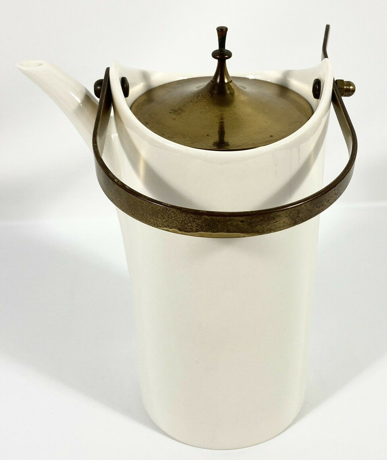 Vtg Danish Style Pottery Coffee Pot White w/ Metal Lid & Handle Carafe 9″ RARE