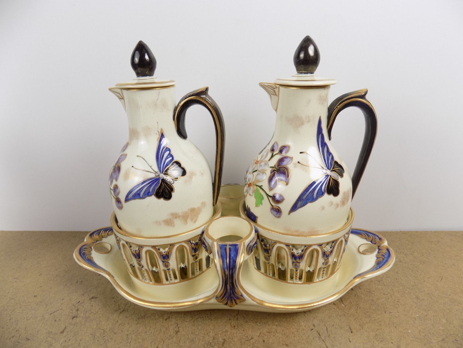 Antique Keller & Guerin Luneville Cruet Set Butterfly & Flower France