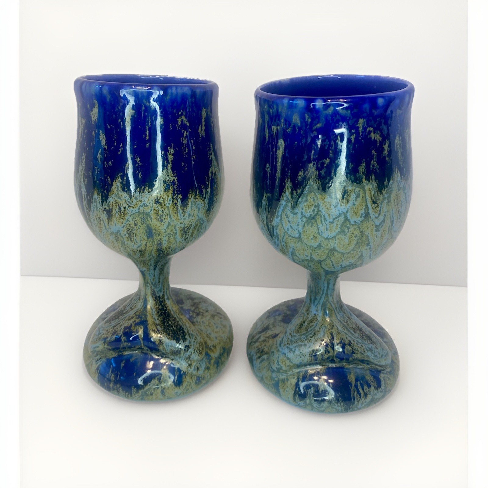 2- New Doug Wylie Studio Pottery Goblets Footed Whale Tail Mugs Blue Drip Glaze