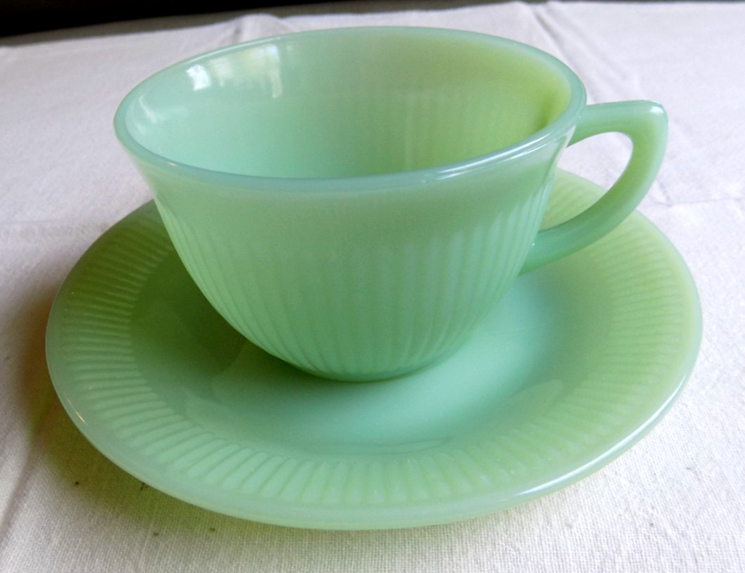 Vintage Fire King Jadeite Green Glass Creamer & Cup and Saucer Jadite