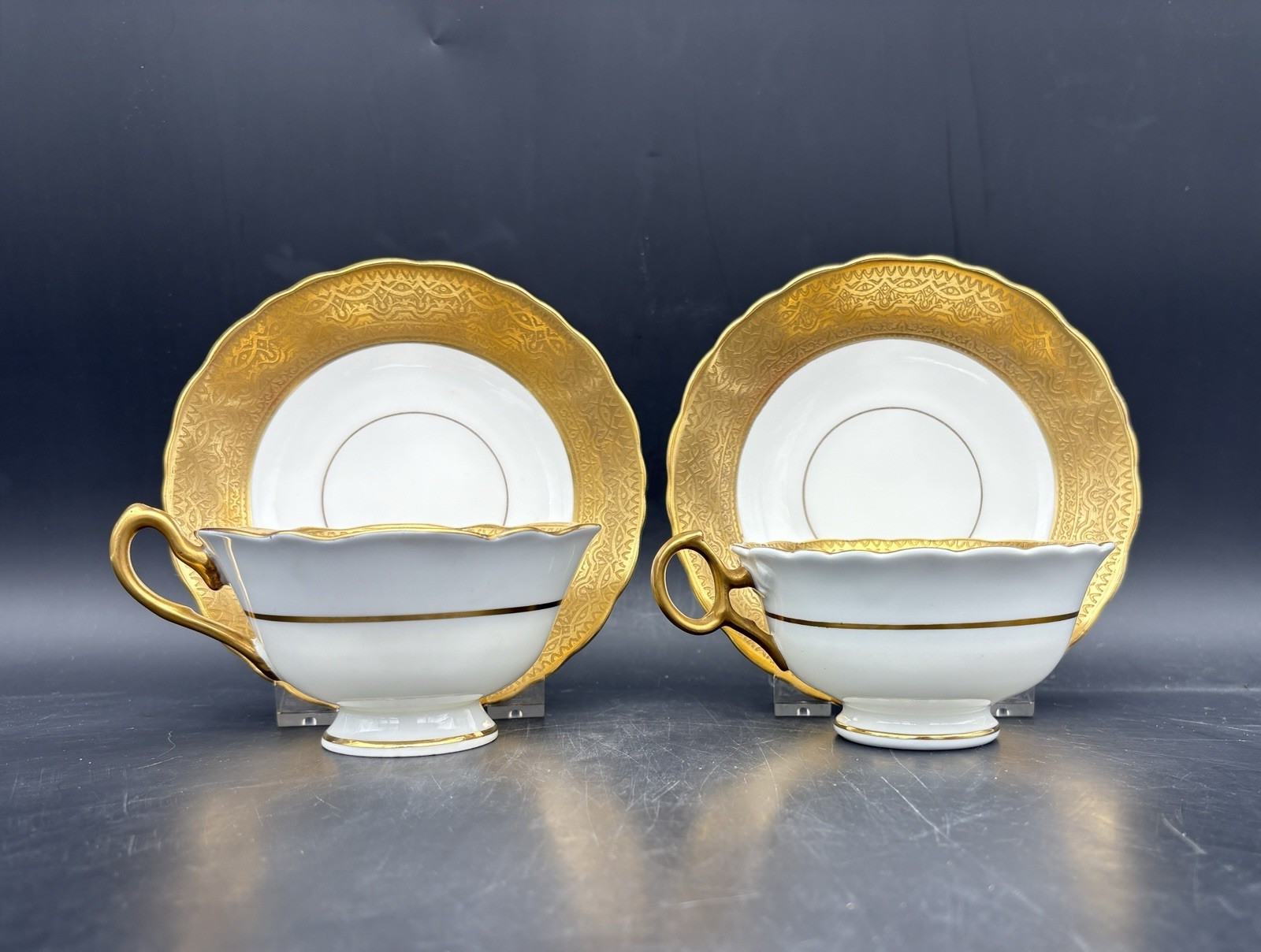 2 Heavy Gold Crown Sutherland Cups & Saucers Imported for C. Reizenstein & Sons