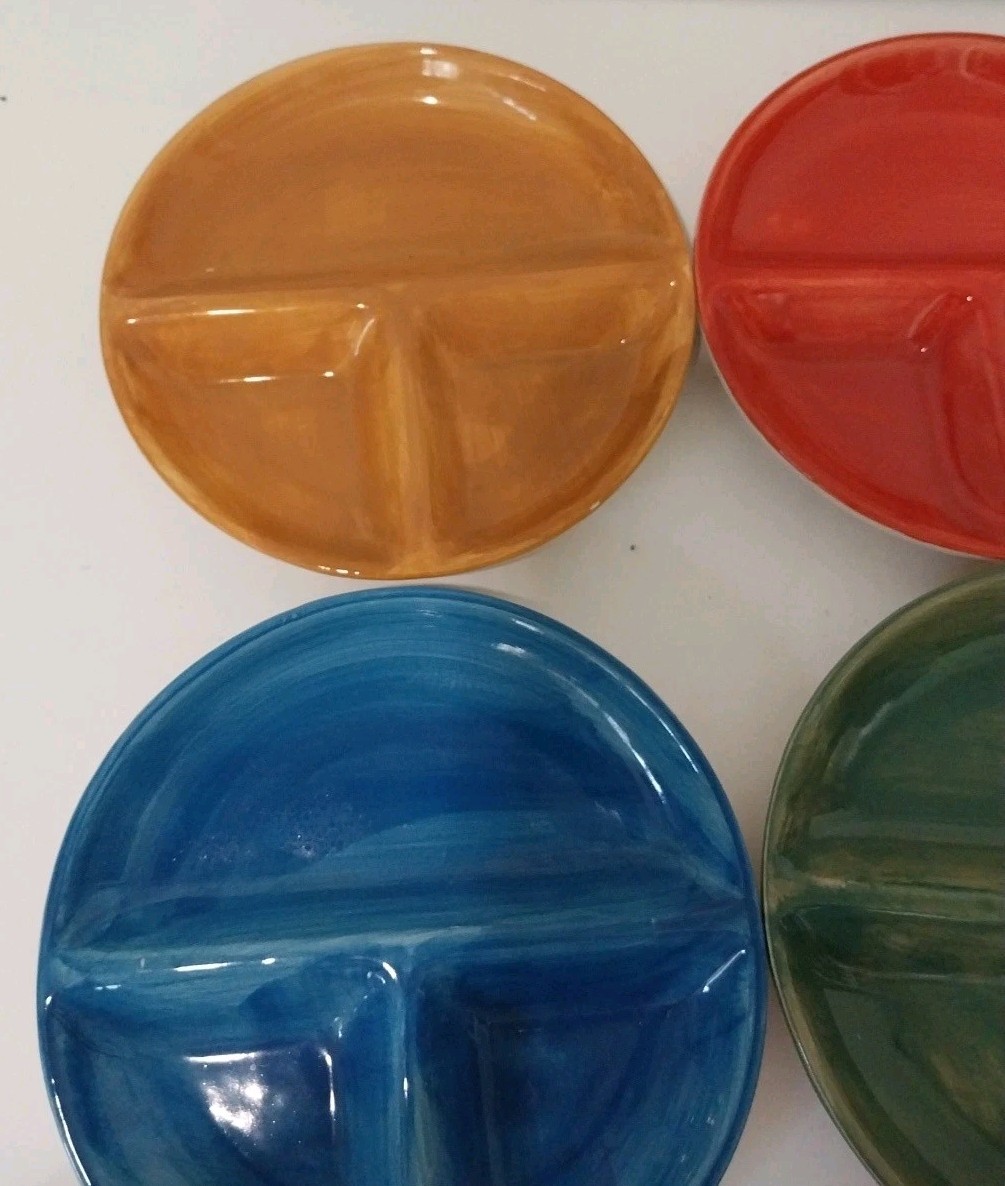 Vintage 6 Plates Ceramic Kitchen Prep Or Childrens 7 5/8″ Divided Pottery Plates
