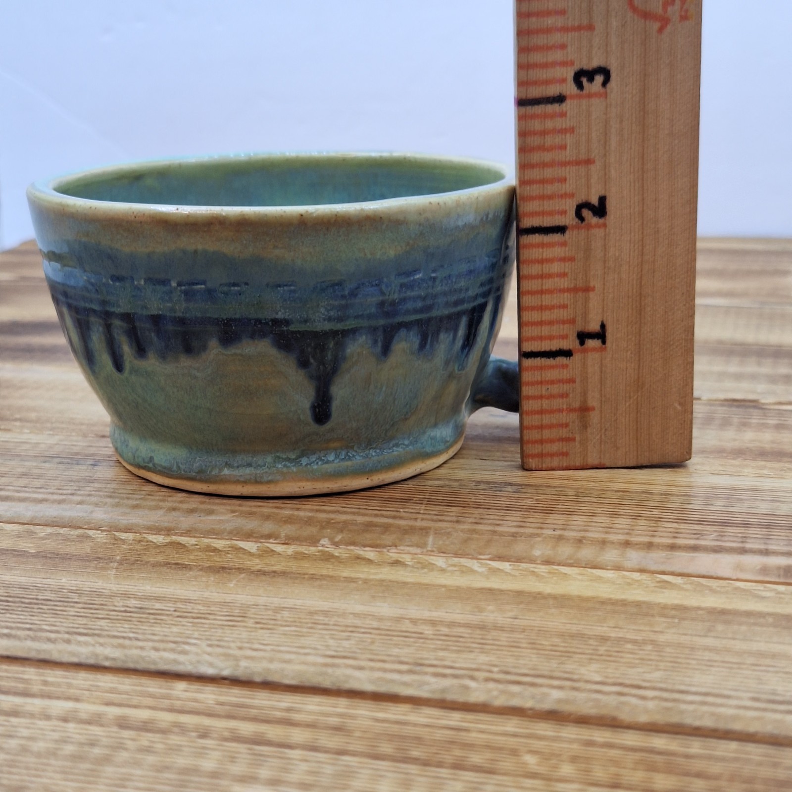 Vintage Hand Made Pottery Mug Signed Green Blue Neat Handle Signed