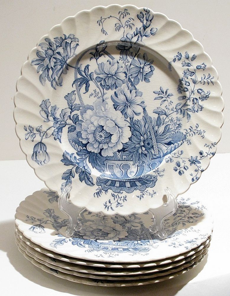 Set 6 Antique Clarice Cliff Charlotte Blue Transferware 10” Dinner Plate England