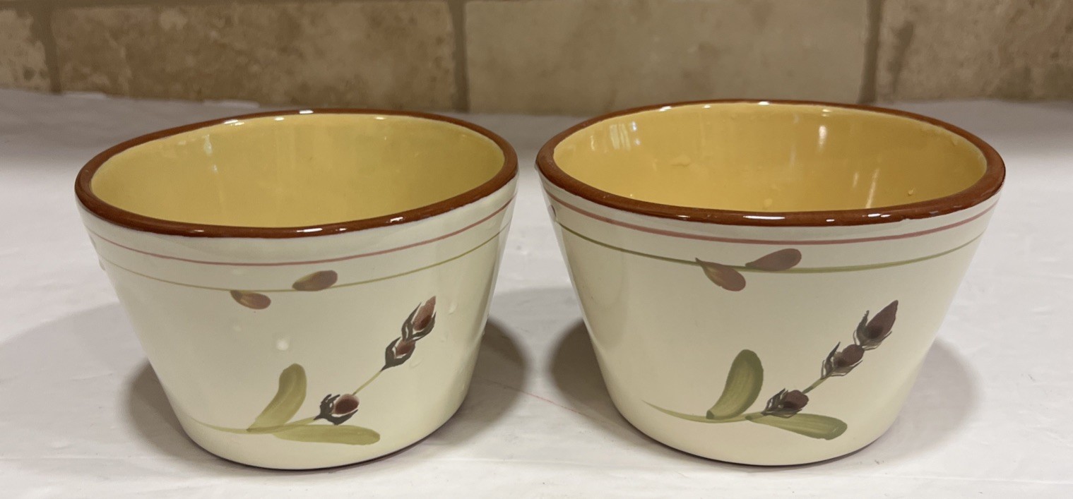 (2) CRATE & BARREL PROVENCE rustic OLIVE BRANCH Terracotta Serving Dip Bowls