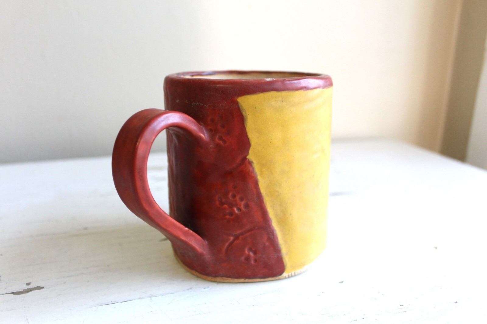 Student Made Wheel Thrown Mug Rust Blue Gold Coffee Tea Art Pottery Incised AJS
