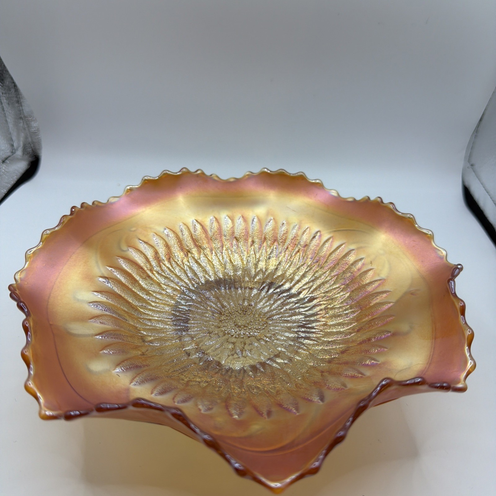Northwood Pumpkin Marigold Sunflower Spatula Ftd Carnival Glass Bowl 9”