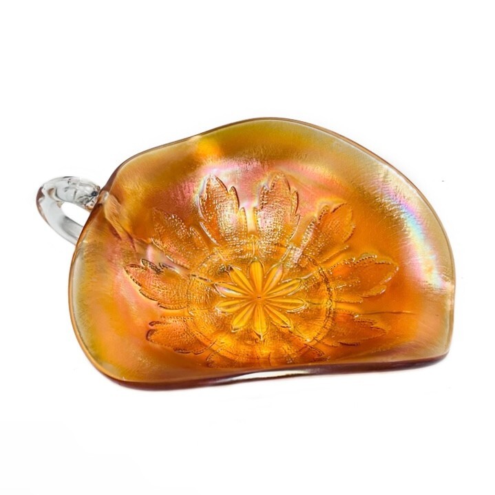 Vtg Candy/Vanity Dish Marigold Depression Leaf Floral Iridescent 5″W x 7″L x 2″H