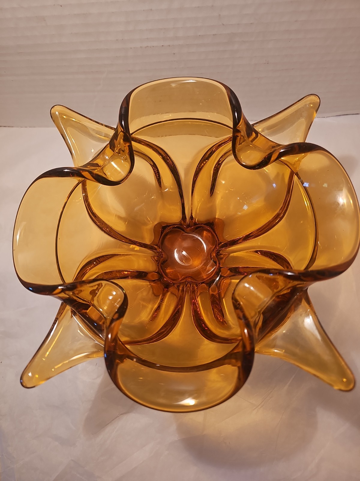 Viking Amber Chalet Four Point Ruffled Art Glass Bowl Dish Tray Vintage 9.25 In