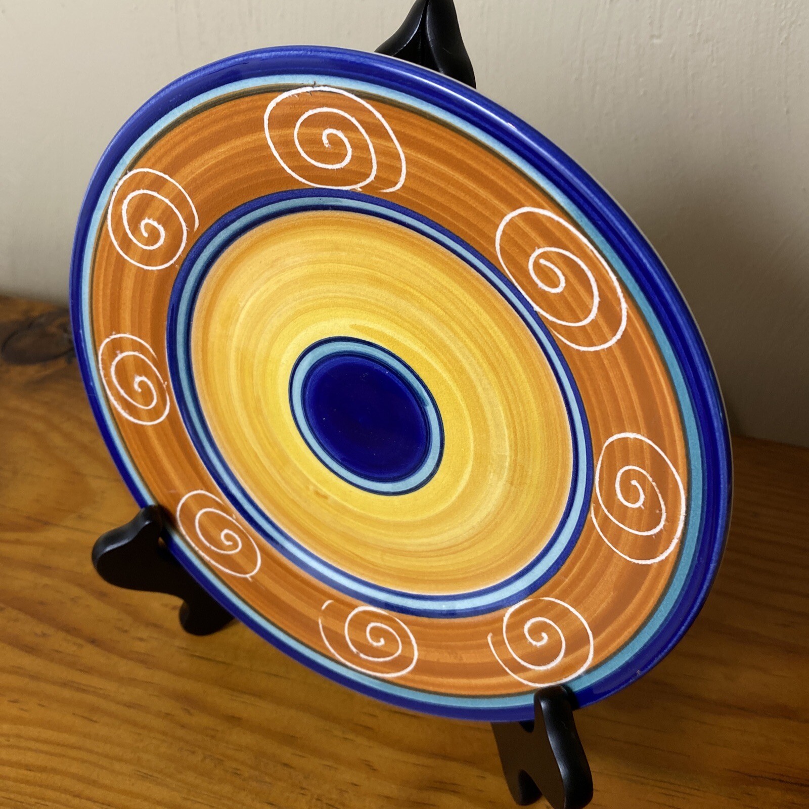 Pier 1 Yellow & Cobalt Blue Earthenware Italy Vintage 8” Plate Hand Painted EC