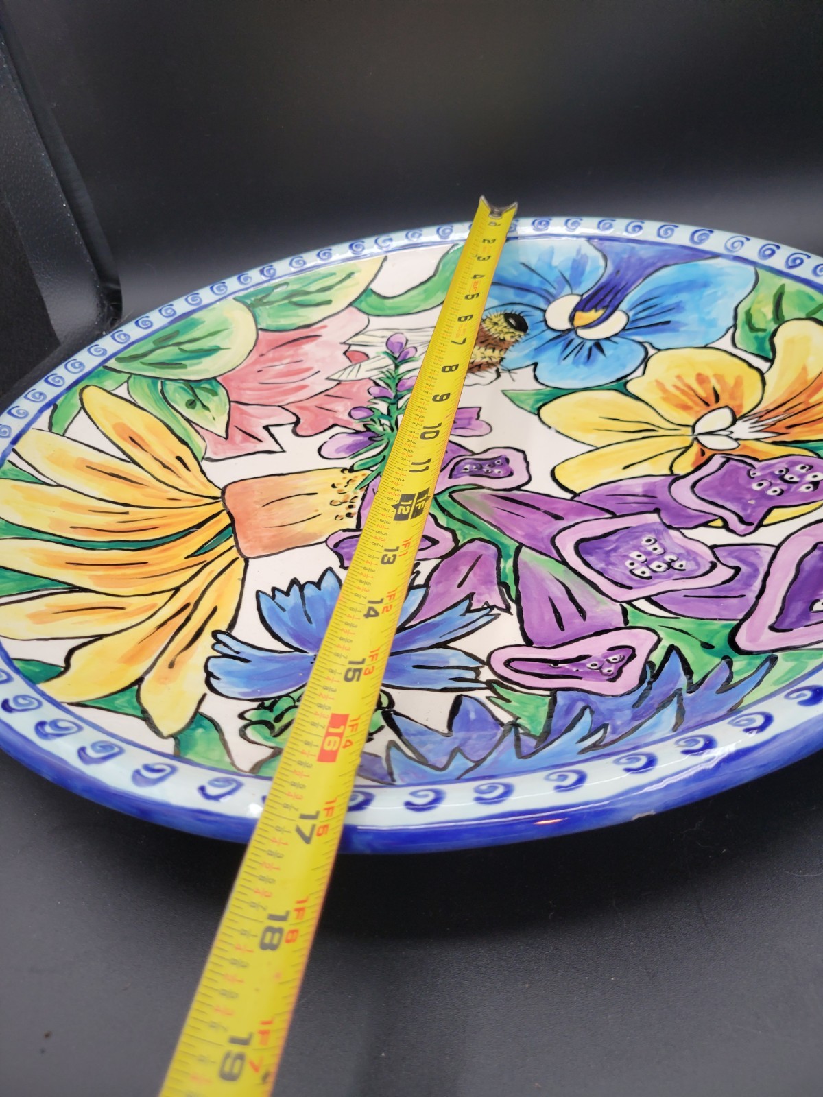 17″ Signed S. MORRELL Studio Art Pottery Platter FLOWERS BEES Centerpiece