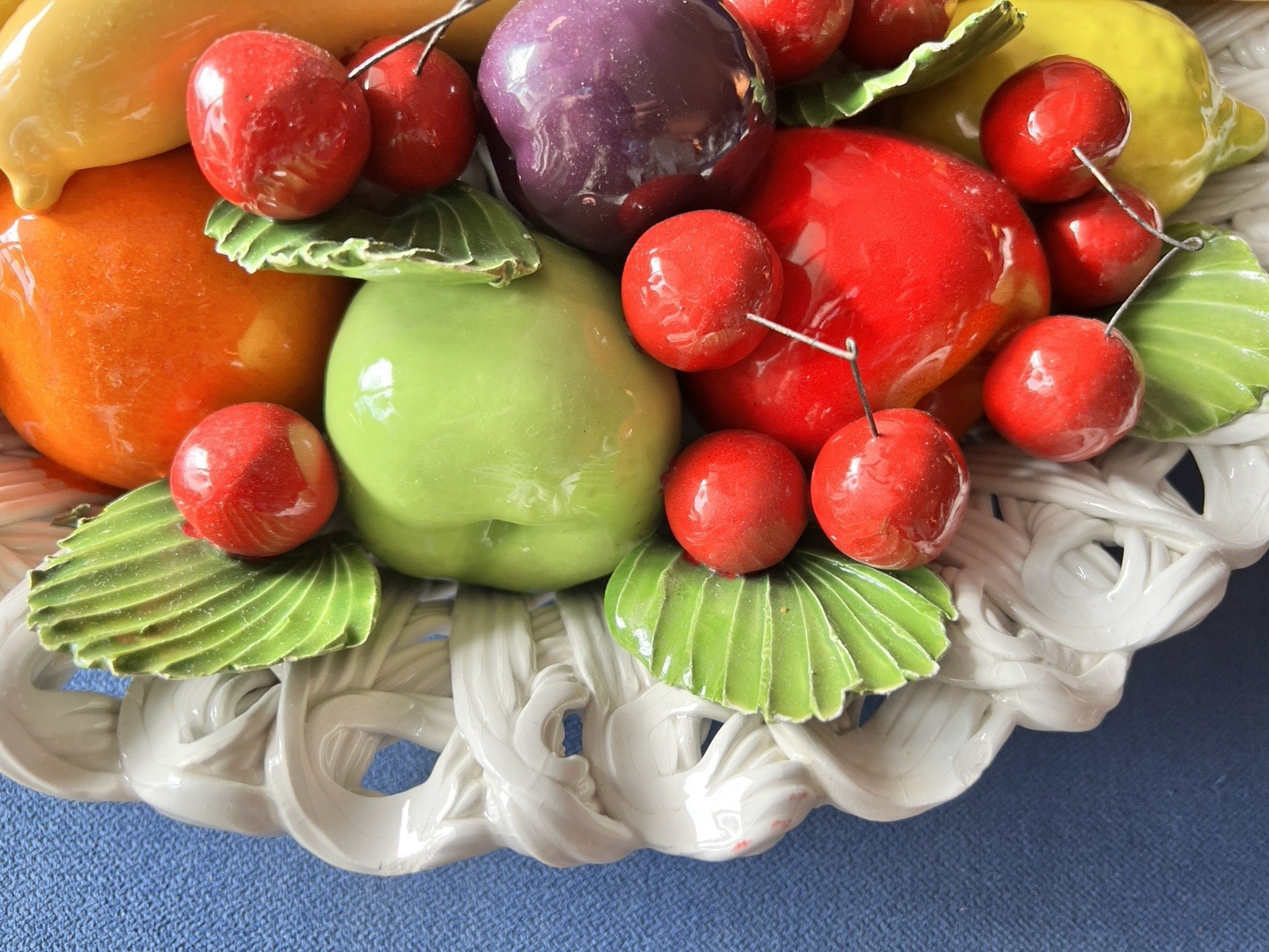 1960s Italian Capodimonte Ceramic Fruit Centerpiece 17”D ITALY MCM Colorful