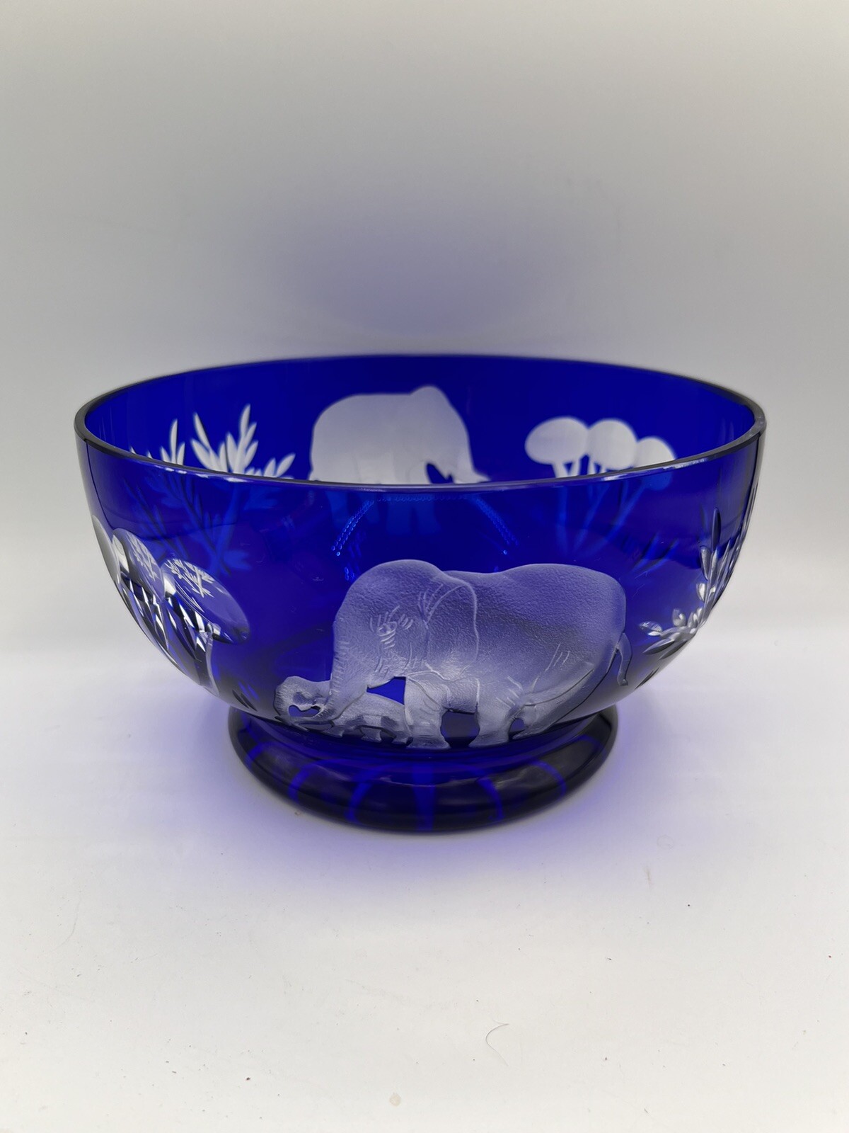 Bohemian Czech Cobalt Blue Cut to Clear Etched Elephants Glass Bowl Cameo Style