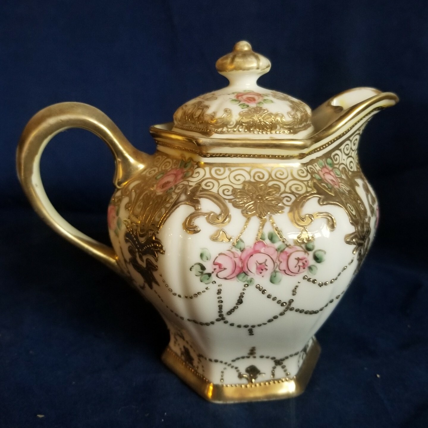 Nippon Hand Painted Pink Rose Gold Beaded & Scrollwork Pitcher C. 1891 – 1911