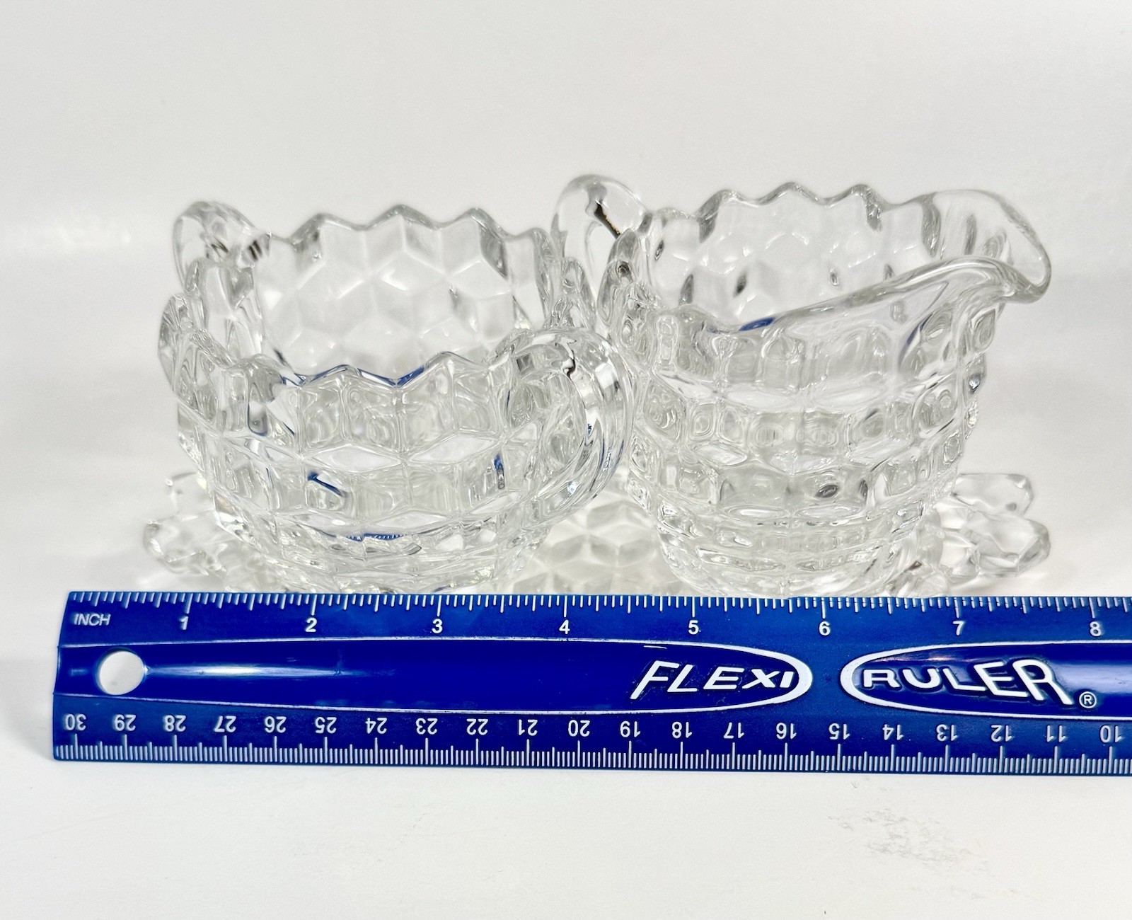 Fostoria American Creamer Open Sugar Bowl Set With Tray Clear Glass Cube Vtg H32