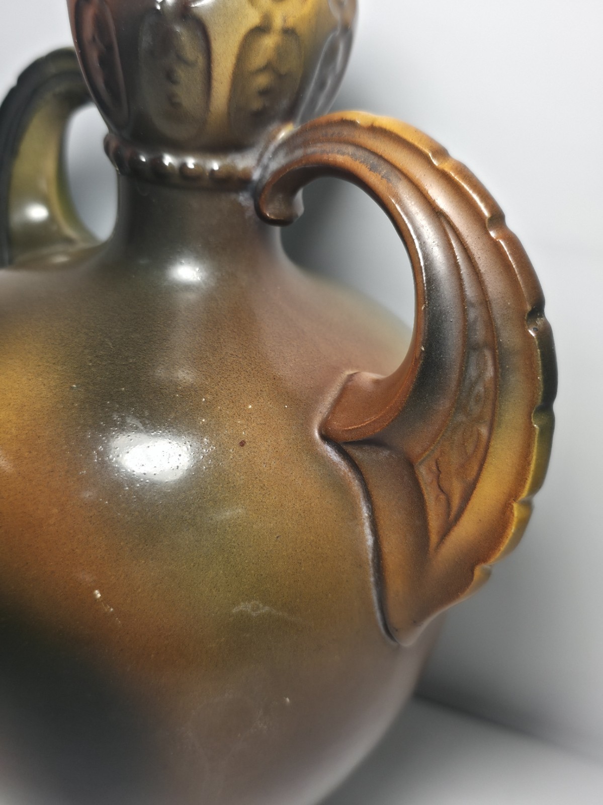 Antique Decorated Porcelain Dual Handle Pitcher Signed w/ Griffin El Unico Logo