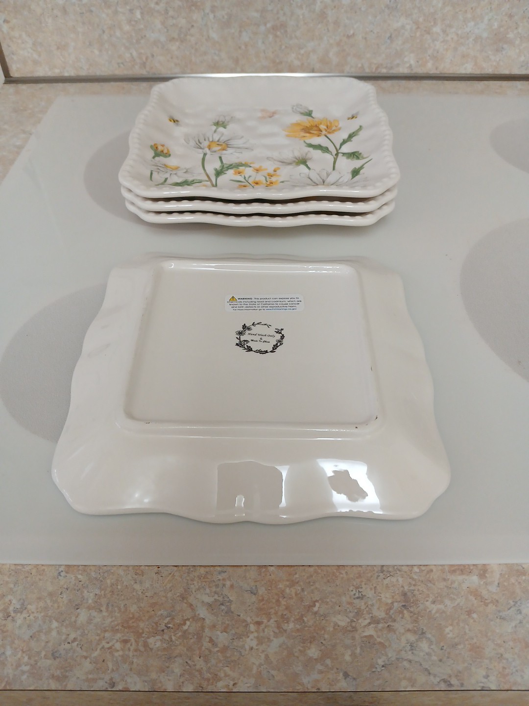 Set of 4 Maxcera 8 1/2″ Square Side Plates, Daisies, Bees, and Butterflies