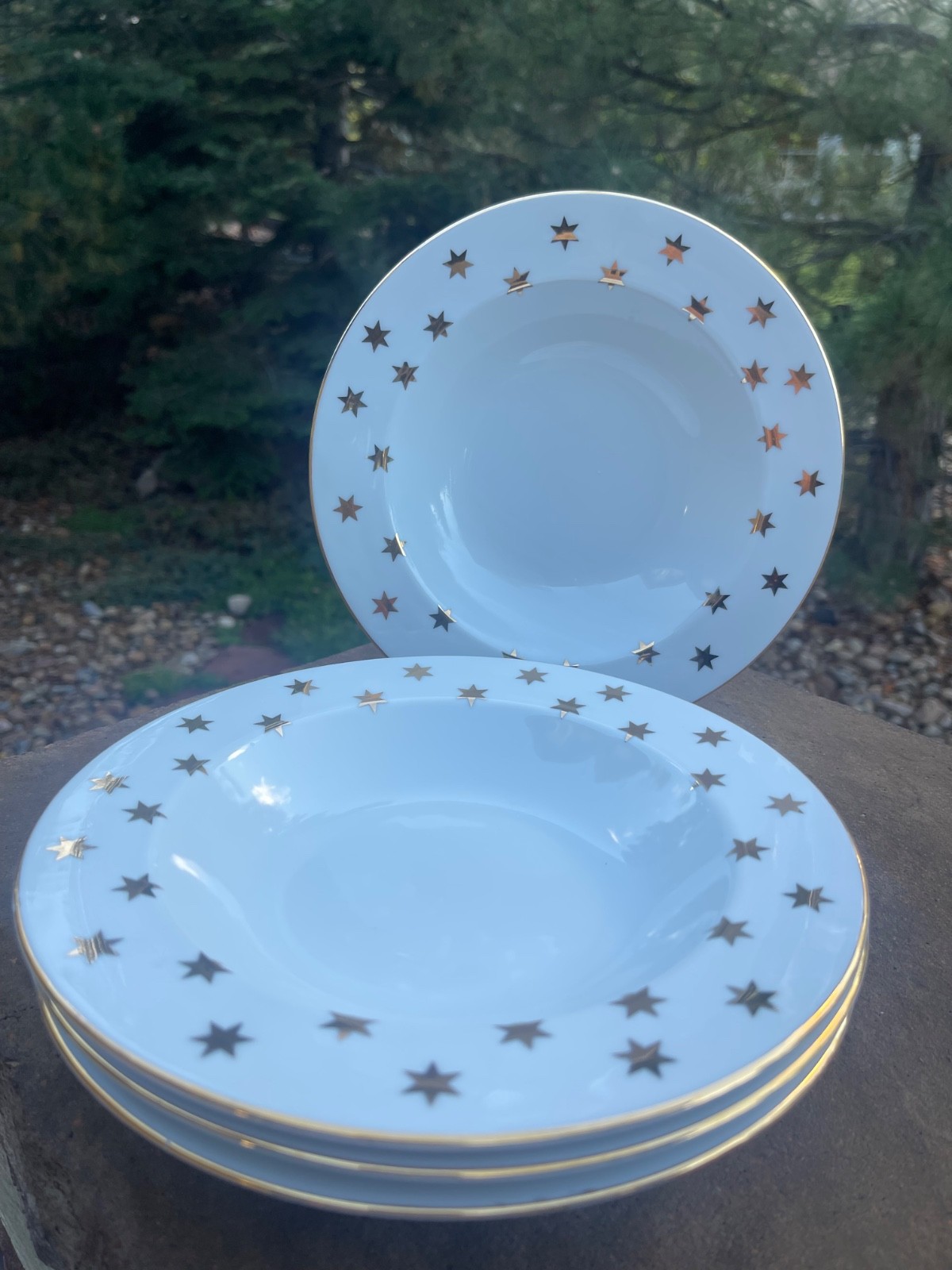 1992 American Atelier Fine China Party Time set 4 Soup Bowl Gold Star Fireworks
