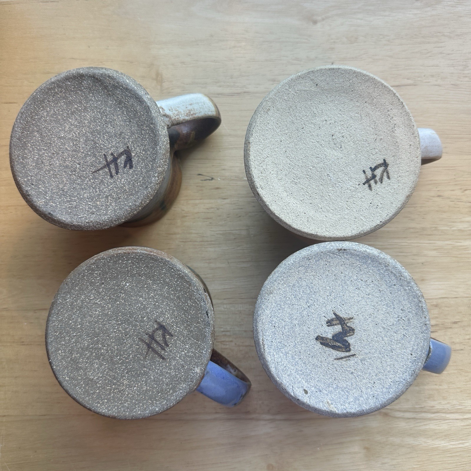 Studio Art Pottery Mugs Set 4 Signed KH Blue Beige Brown Hand Thrown Drip Glaze