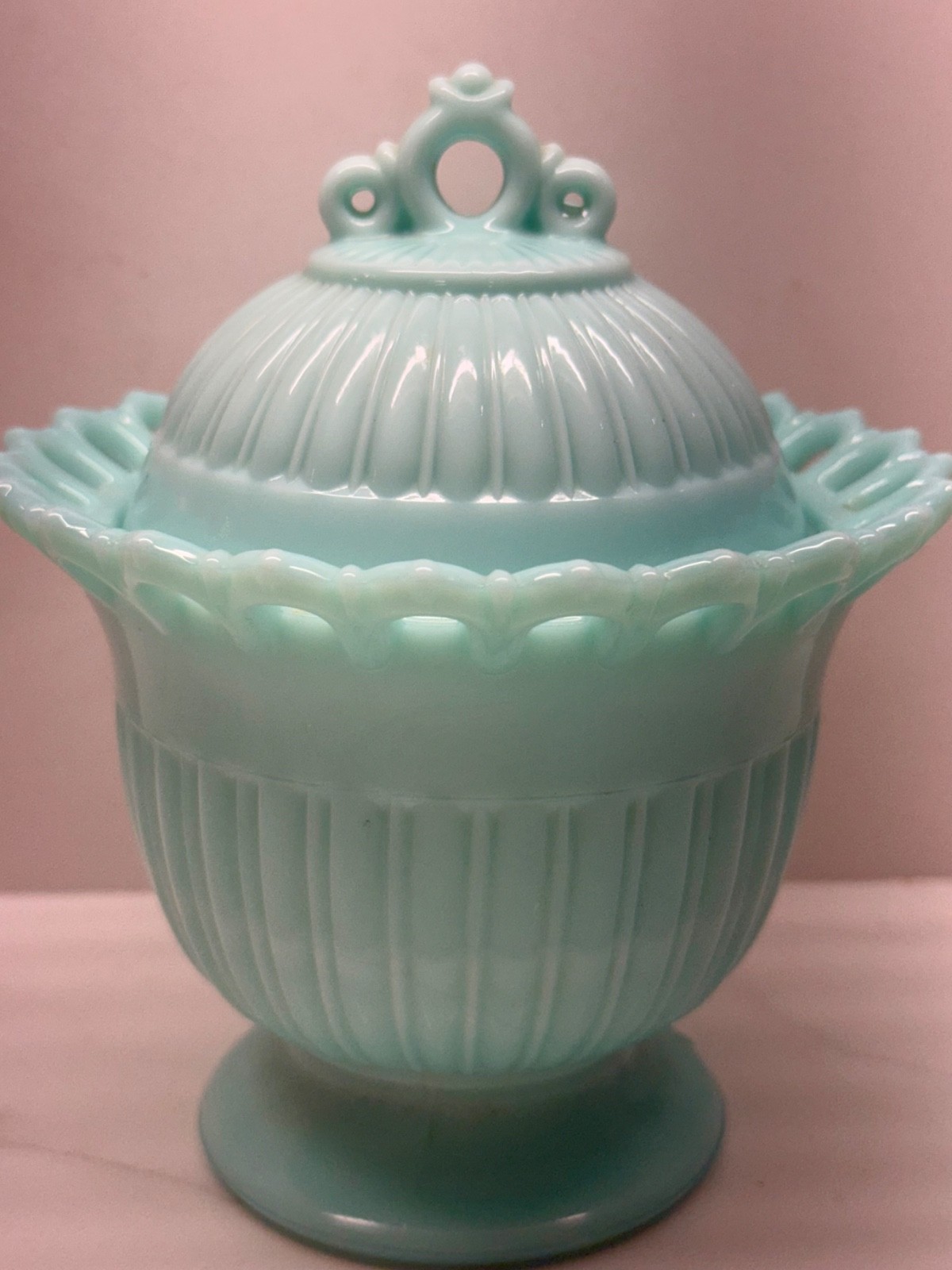 Fostoria Randolph Aqua Blue Milk Glass Covered Candy